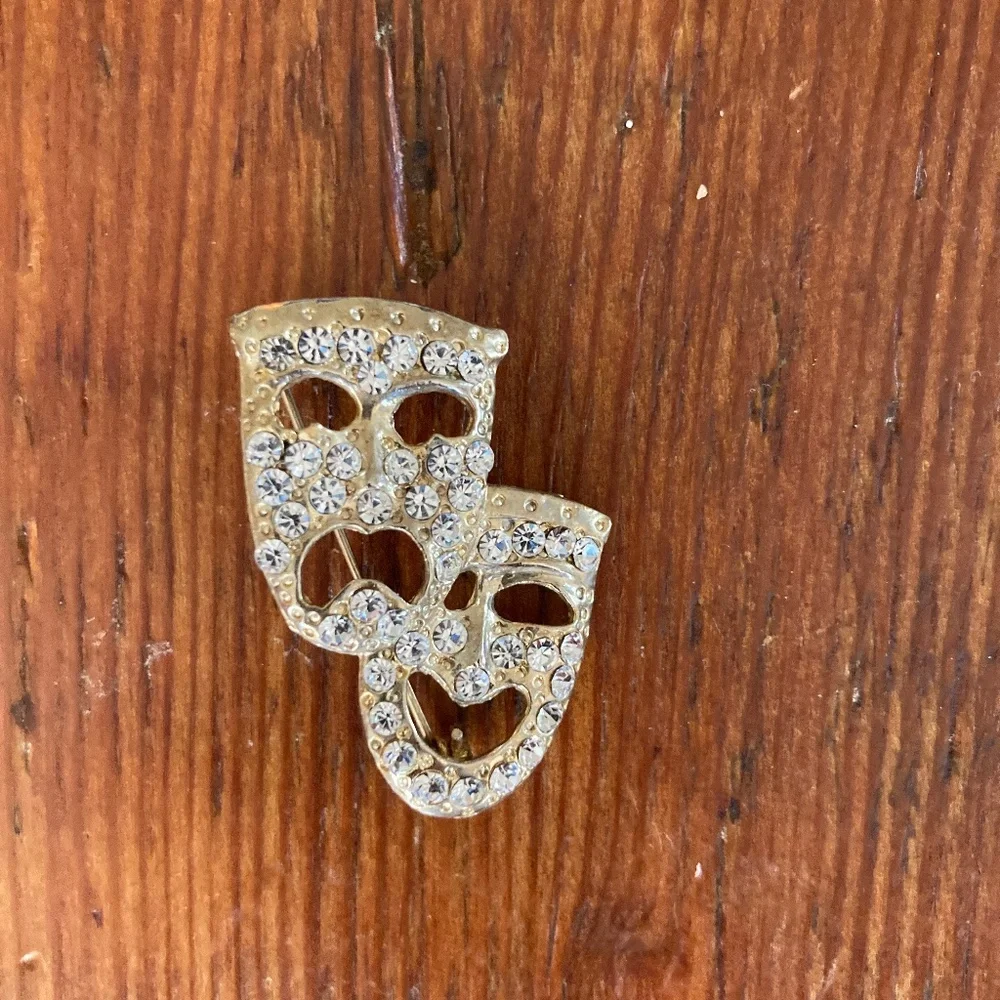 1980's Comedy and Tragedy Masks Pin Brooch with Rhinestones and Goldtone